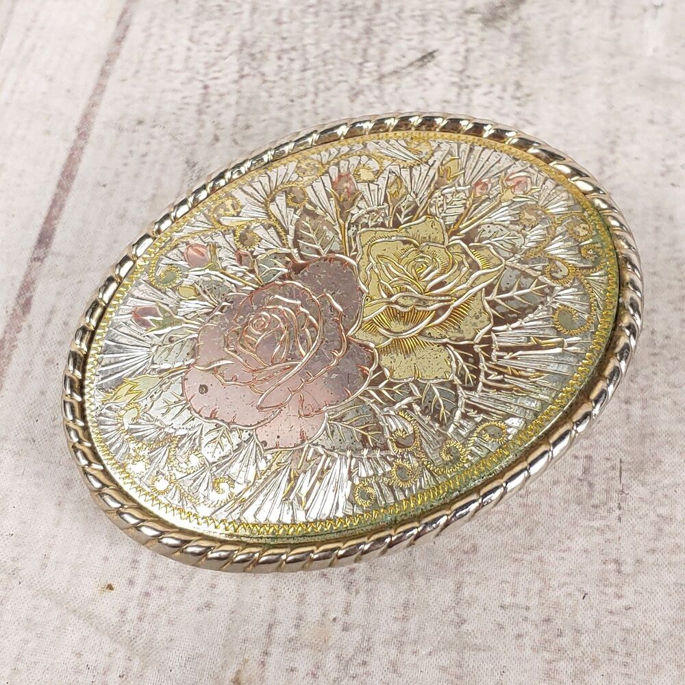 Western Belt Buckle Silver Gold Tone ROSE FLOWER Oval Floral - Made in USA VTG